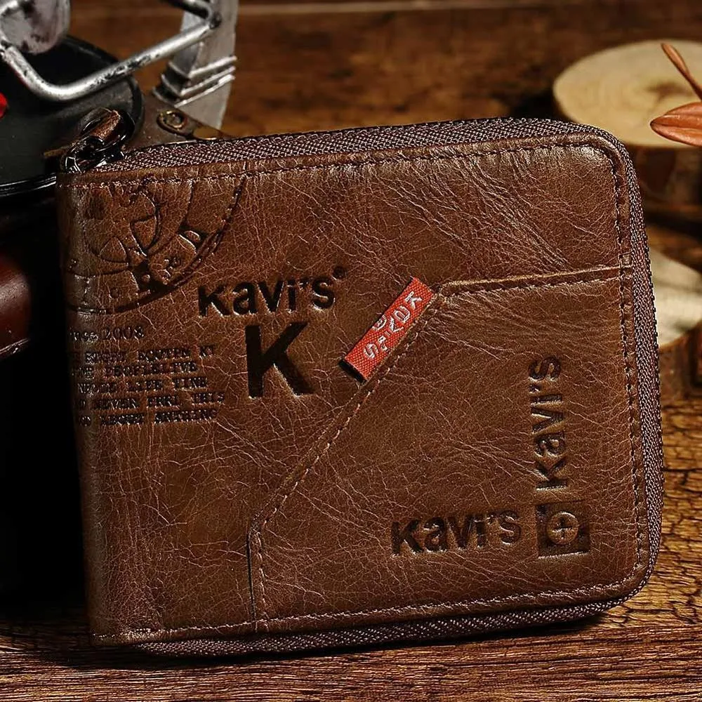 Men's brown genuine leather wallet with multiple compartments and zipper closure