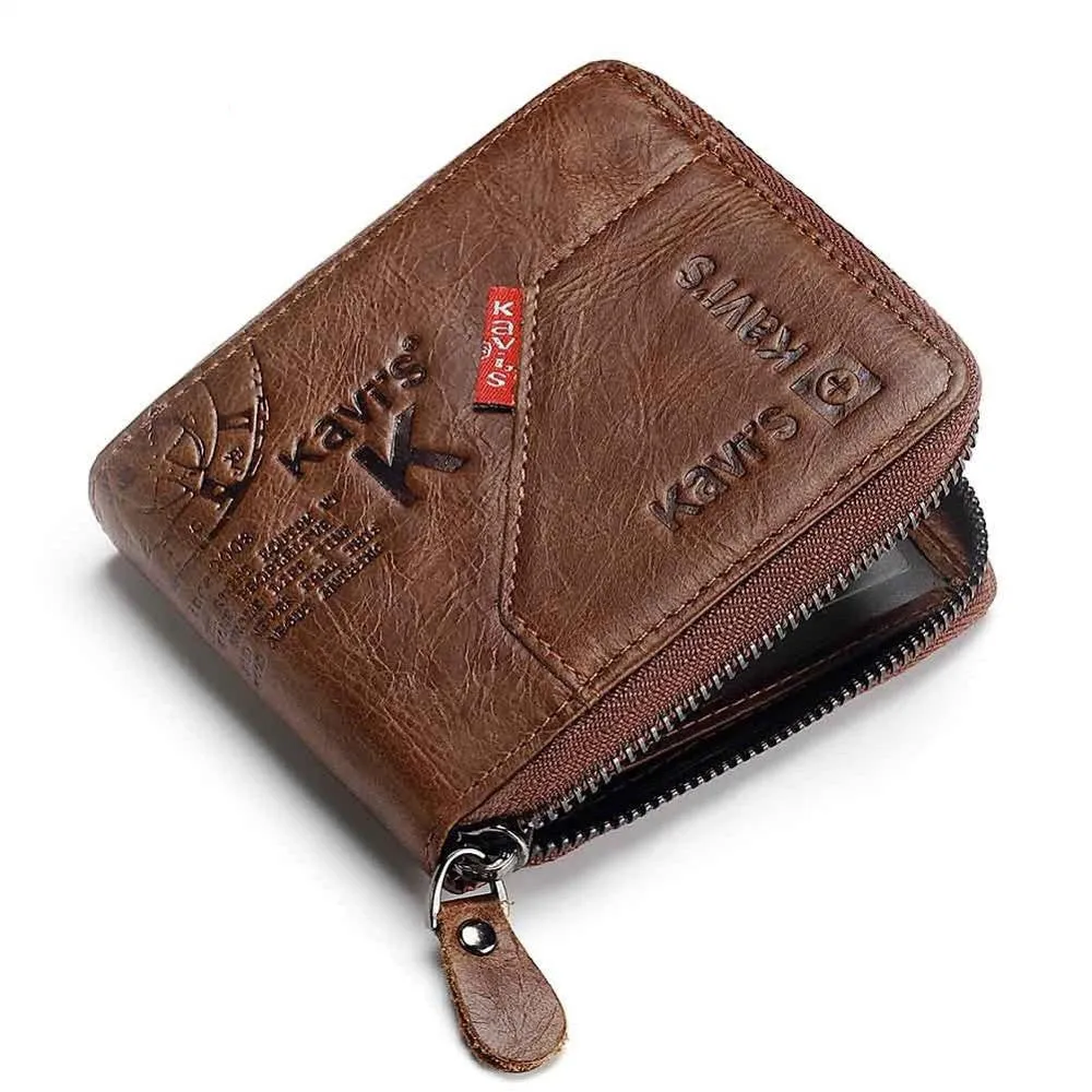 Men's brown genuine leather wallet with multiple compartments and zipper closure