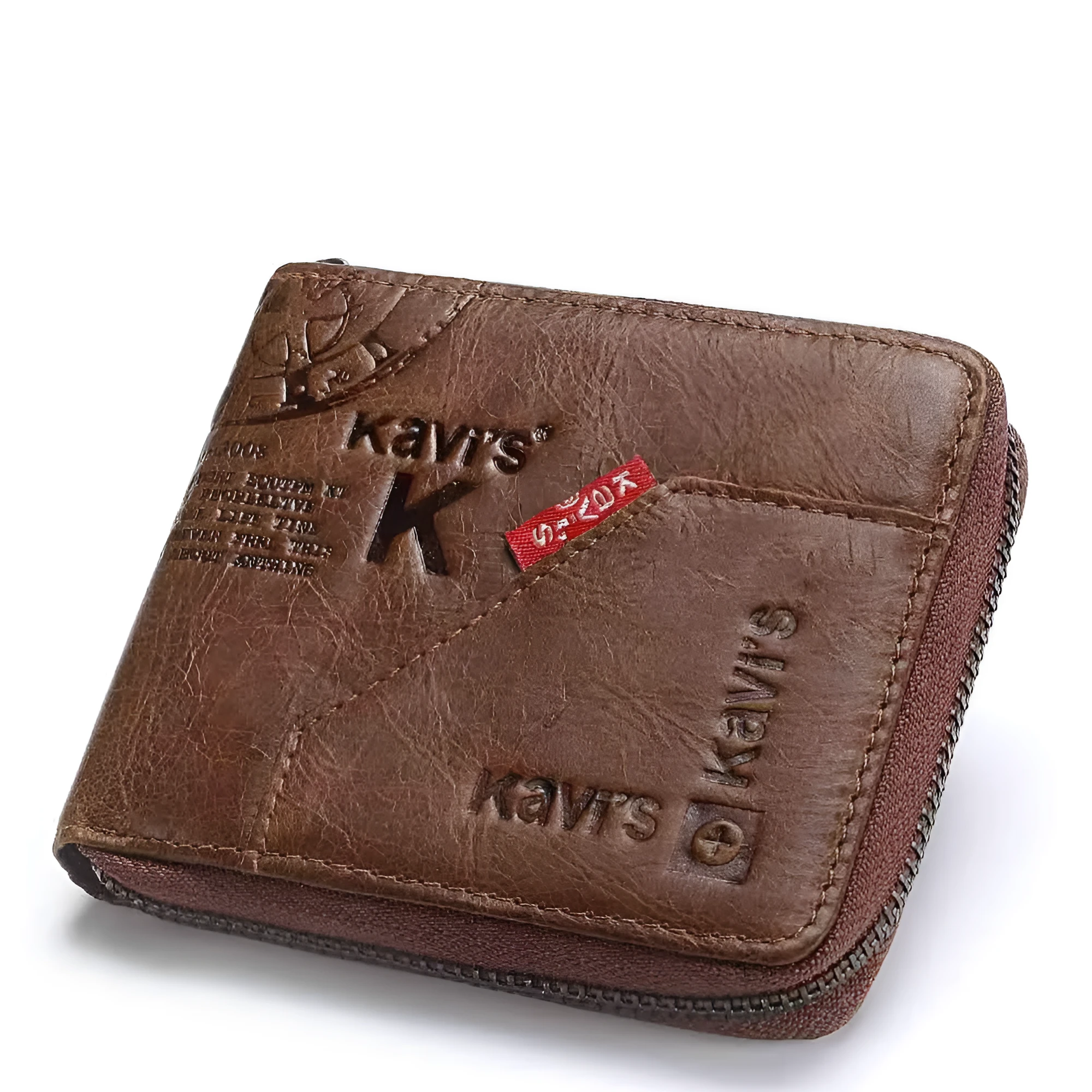 Men's brown genuine leather wallet with multiple compartments and zipper closure