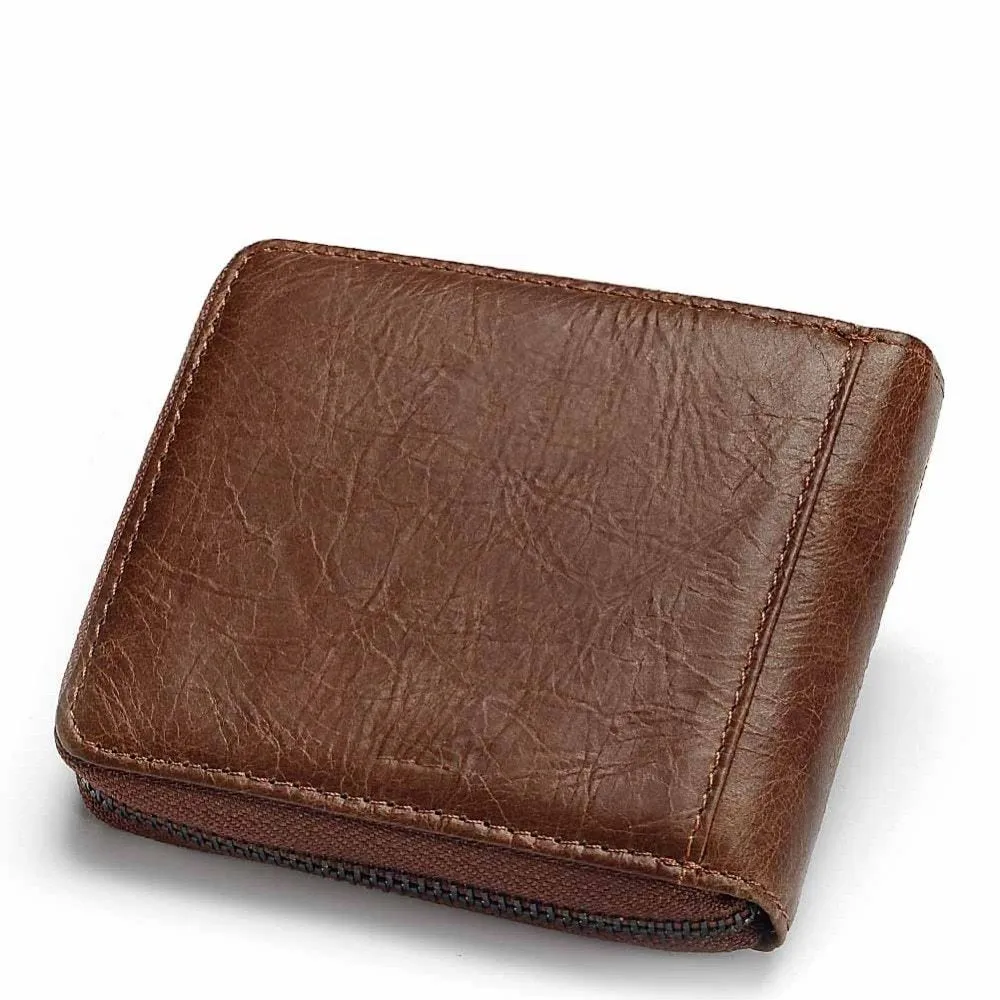 Men's brown genuine leather wallet with multiple compartments and zipper closure