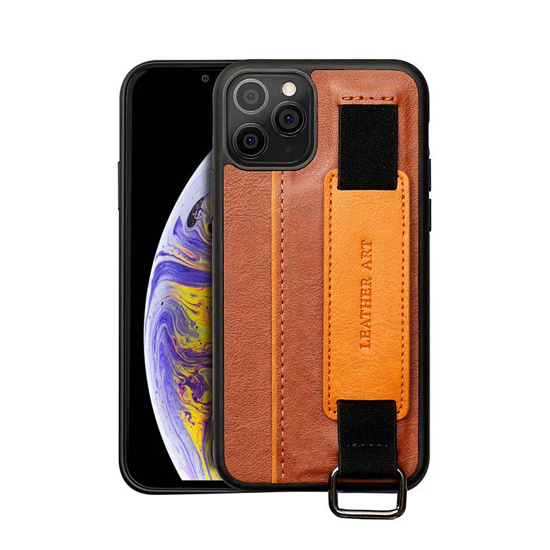 Brown imitation leather wallet-style iPhone case with a white stitched trim and an attached adjustable wrist strap.