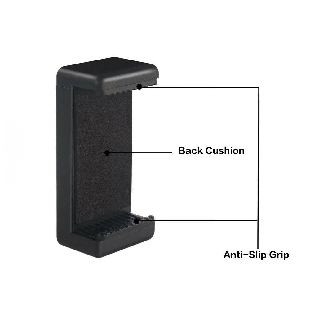 Black plastic single phone holder with rotating clamp on a wooden desk.