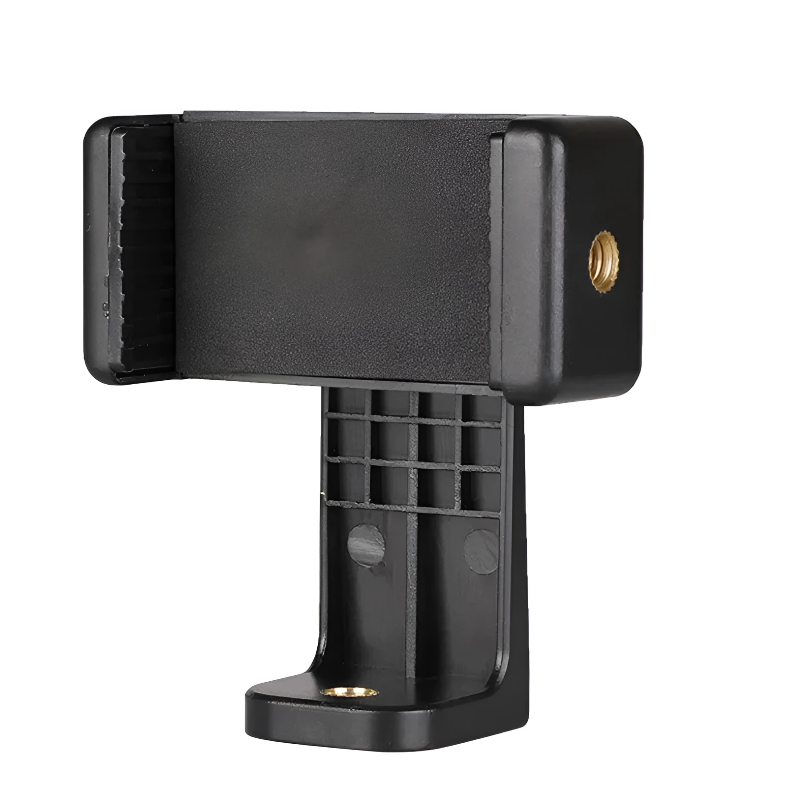Black plastic single phone holder with rotating clamp on a wooden desk.