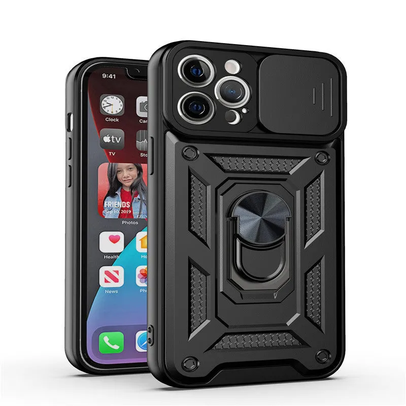 Sergeant sliding window magnetic bracket iPhone case in blue, showing the extended grip.