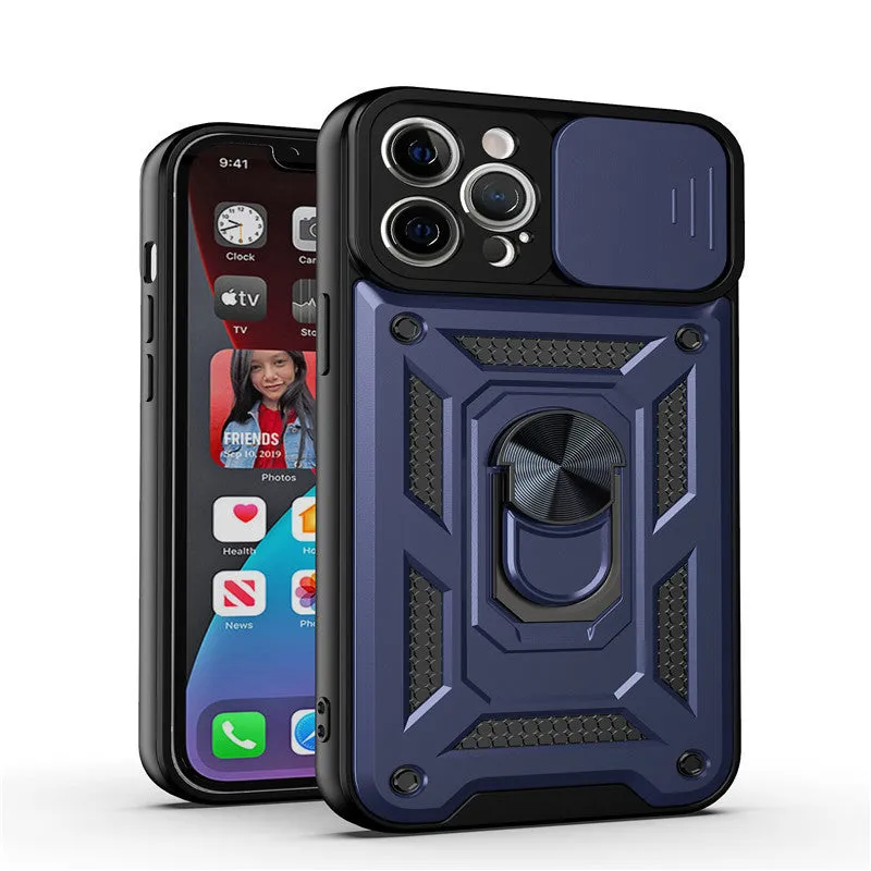Sergeant sliding window magnetic bracket iPhone case in blue, showing the extended grip.