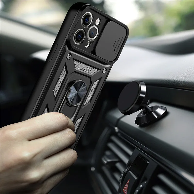 Sergeant sliding window magnetic bracket iPhone case in blue, showing the extended grip.