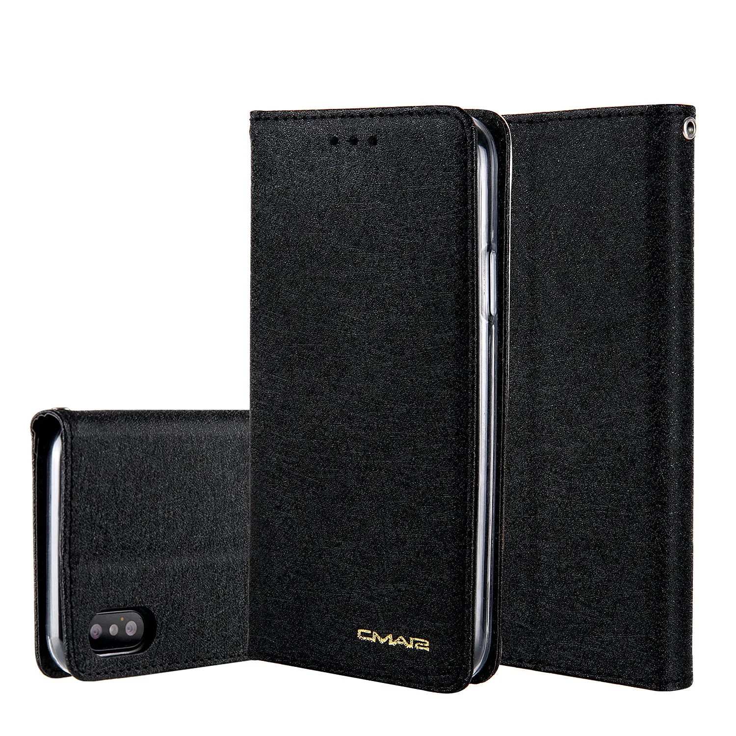 Apple iPhone flip wallet case in PU leather with card slot, shown in multiple colours.