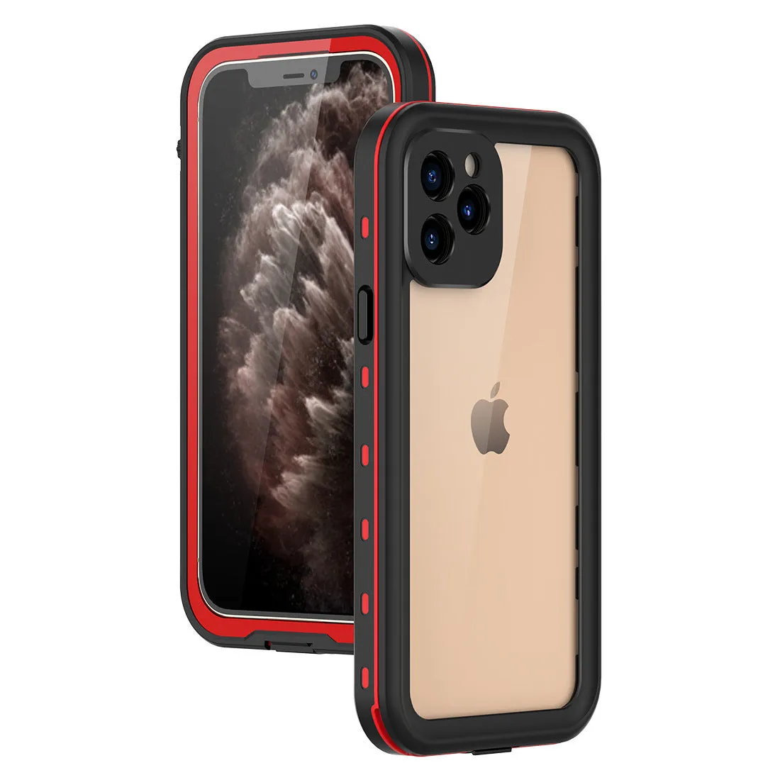 FREDPEPPER IP68 waterproof shockproof case for iPhone in black, blue, and red colours.