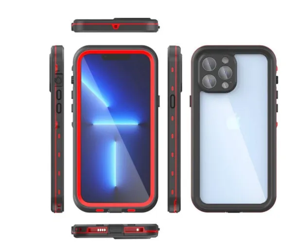 FREDPEPPER IP68 waterproof shockproof case for iPhone in black, blue, and red colours.