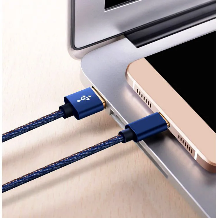Denim braided USB-C charging cable with aluminium connectors in three length options