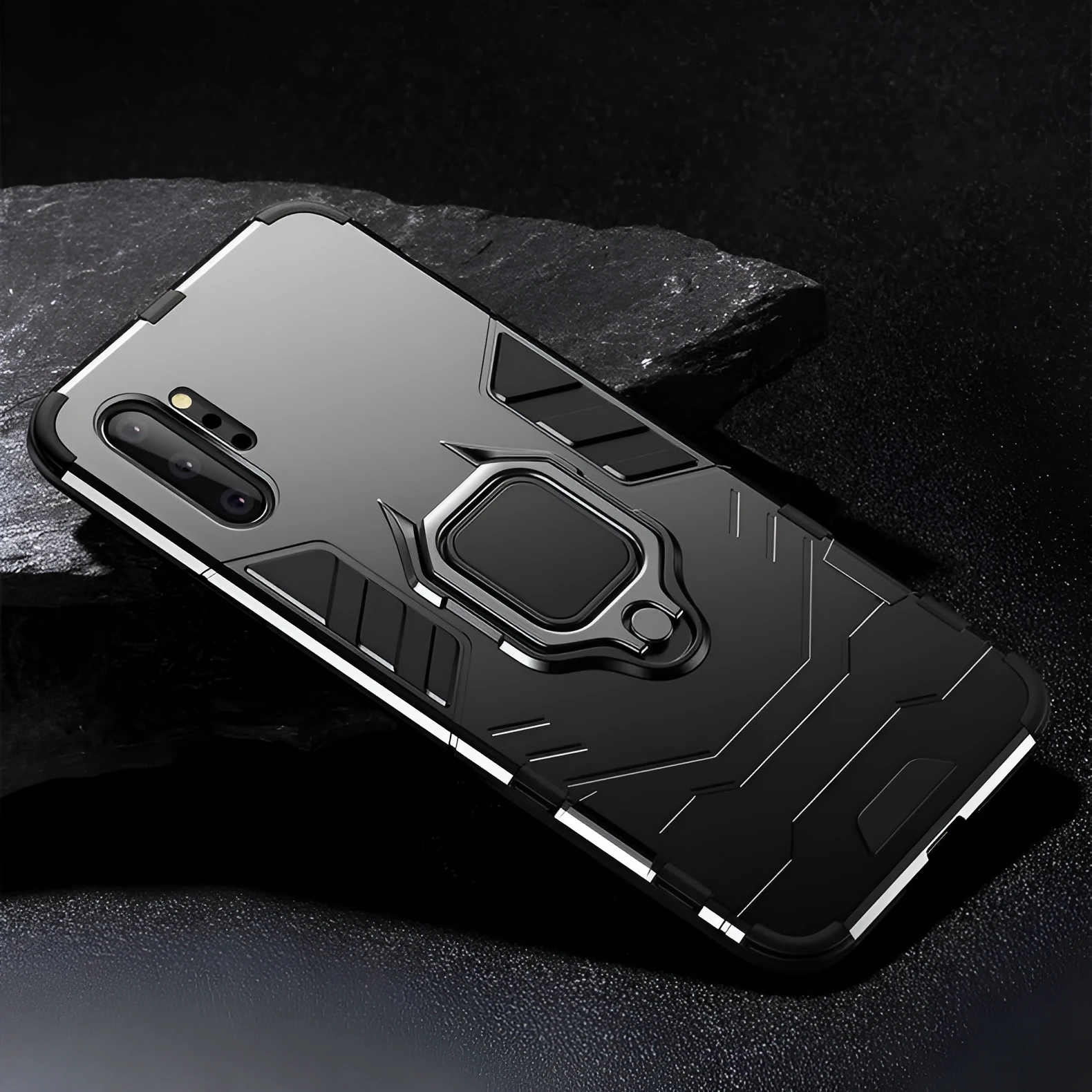 Iron Man magnetic mobile phone case for Samsung in black, blue, and red colours.