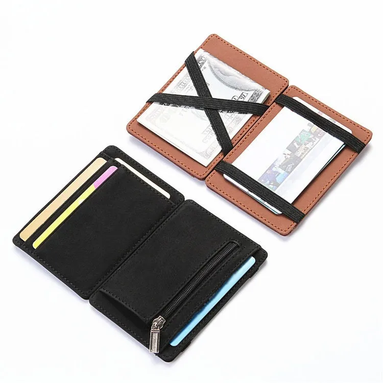 PU leather magic wallet with flip card holder and zipper coin purse in multiple colour options