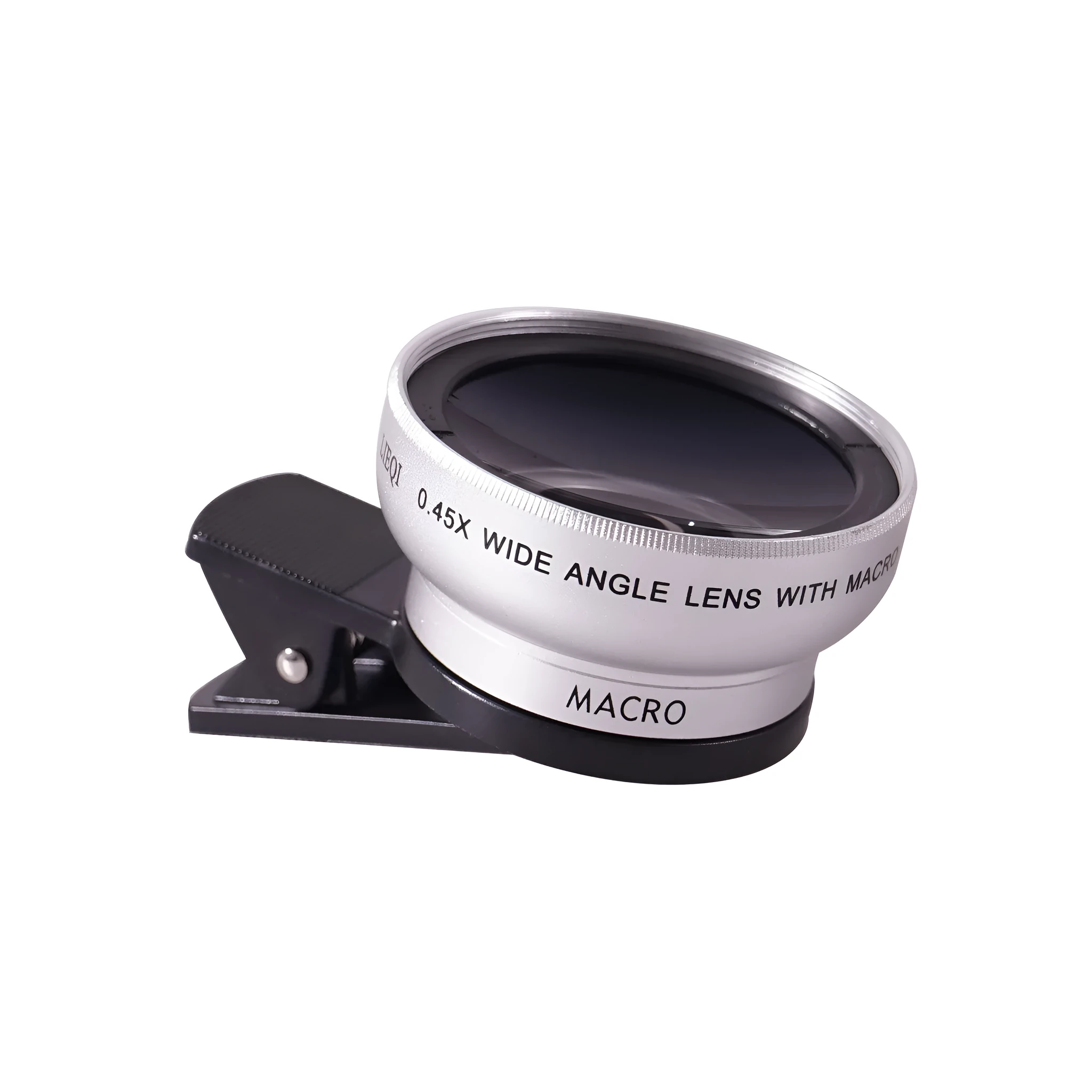 LIEQI 0.45X wide-angle and macro mobile phone camera lens attachment in silver finish