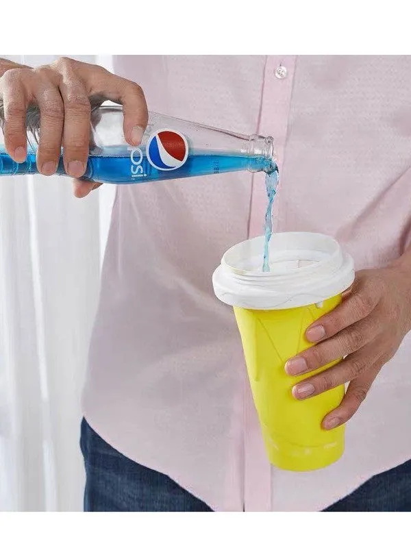 Blue silicone pinch cup for making instant slushy drinks, showing double-wall construction.