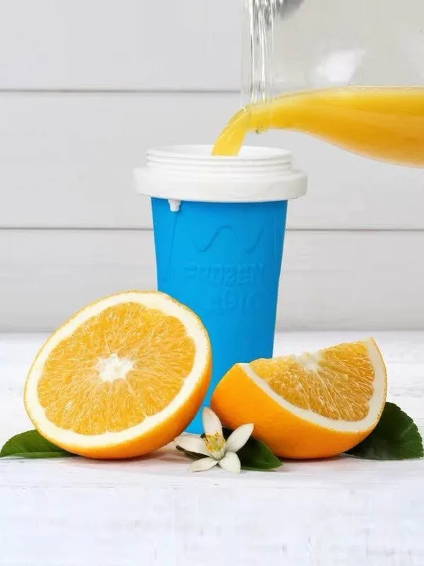 Blue silicone pinch cup for making instant slushy drinks, showing double-wall construction.