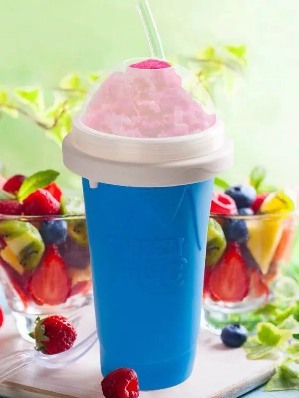 Blue silicone pinch cup for making instant slushy drinks, showing double-wall construction.