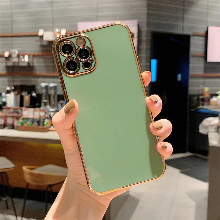 Solid colour electroplated mobile phone case for iPhone 13 series shown in a selection of available colours.