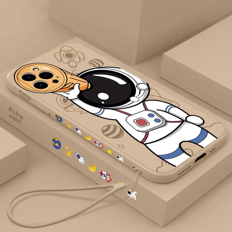 Silicone iPhone case with cartoon astronaut and starry sky planet design in blue.
