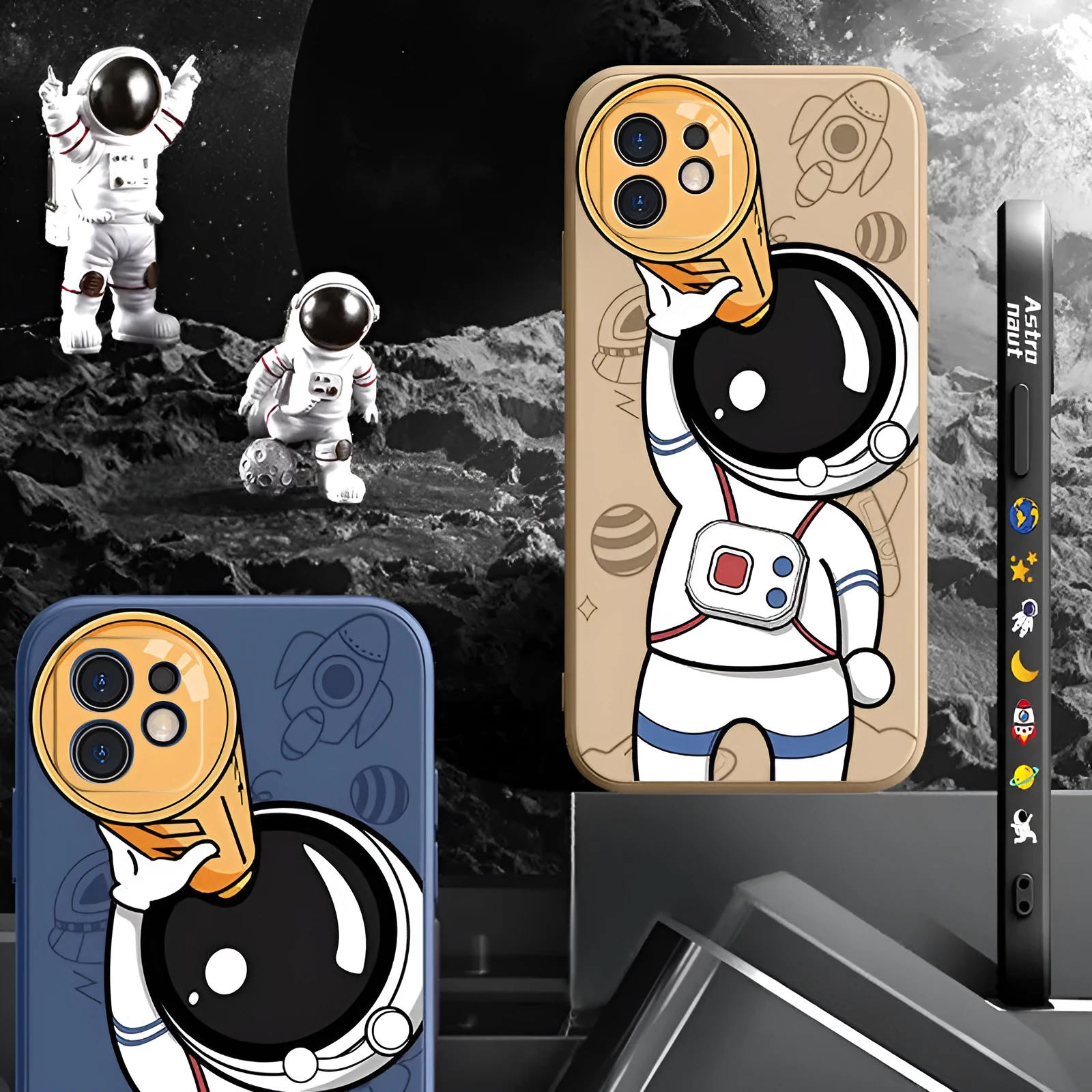 Silicone iPhone case with cartoon astronaut and starry sky planet design in blue.
