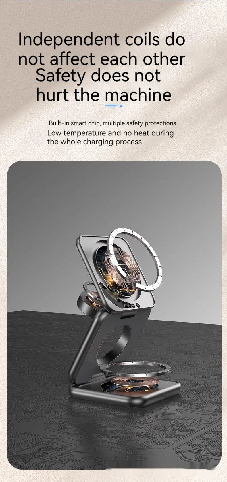 White foldable magnetic wireless charger and phone holder on a desk