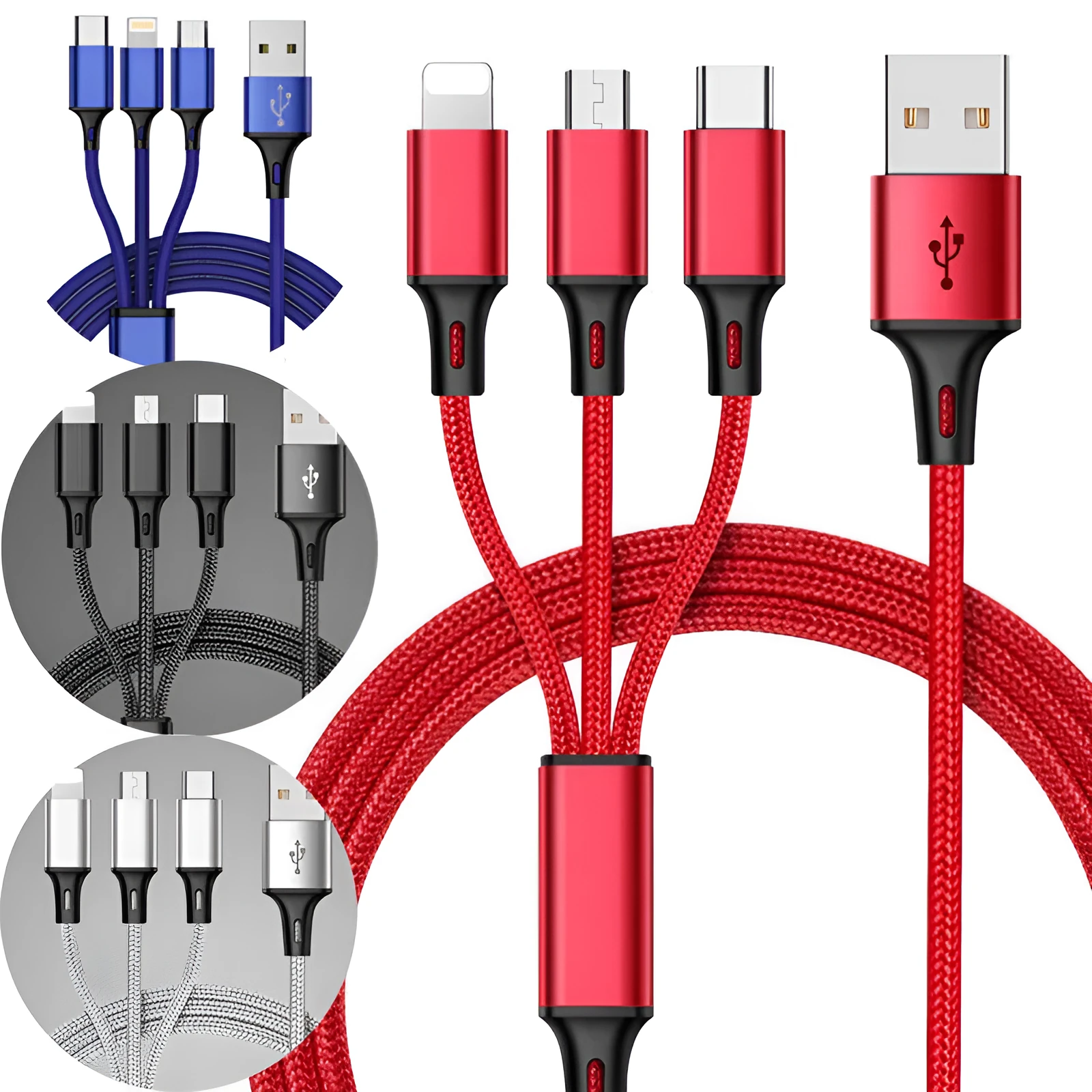 Braided 3-in-1 universal charging cable with red blue silver black colour options and 1.25 metre length