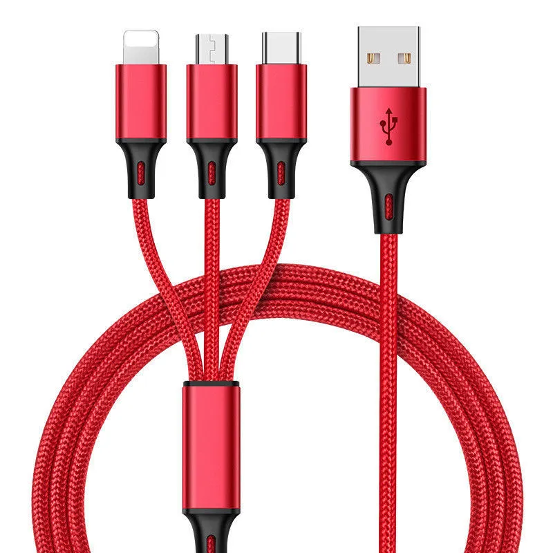 Braided 3-in-1 universal charging cable with red blue silver black colour options and 1.25 metre length