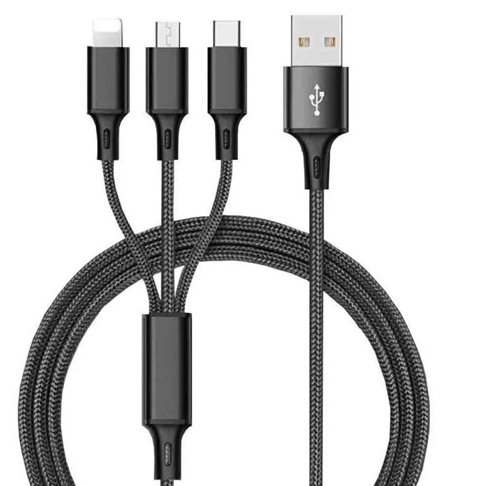 Braided 3-in-1 universal charging cable with red blue silver black colour options and 1.25 metre length