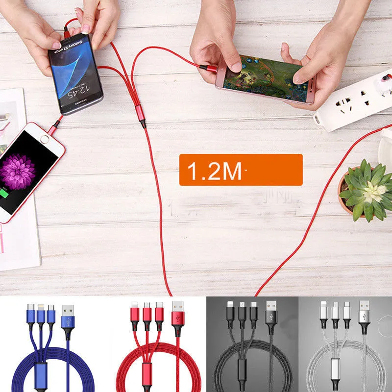 Braided 3-in-1 universal charging cable with red blue silver black colour options and 1.25 metre length