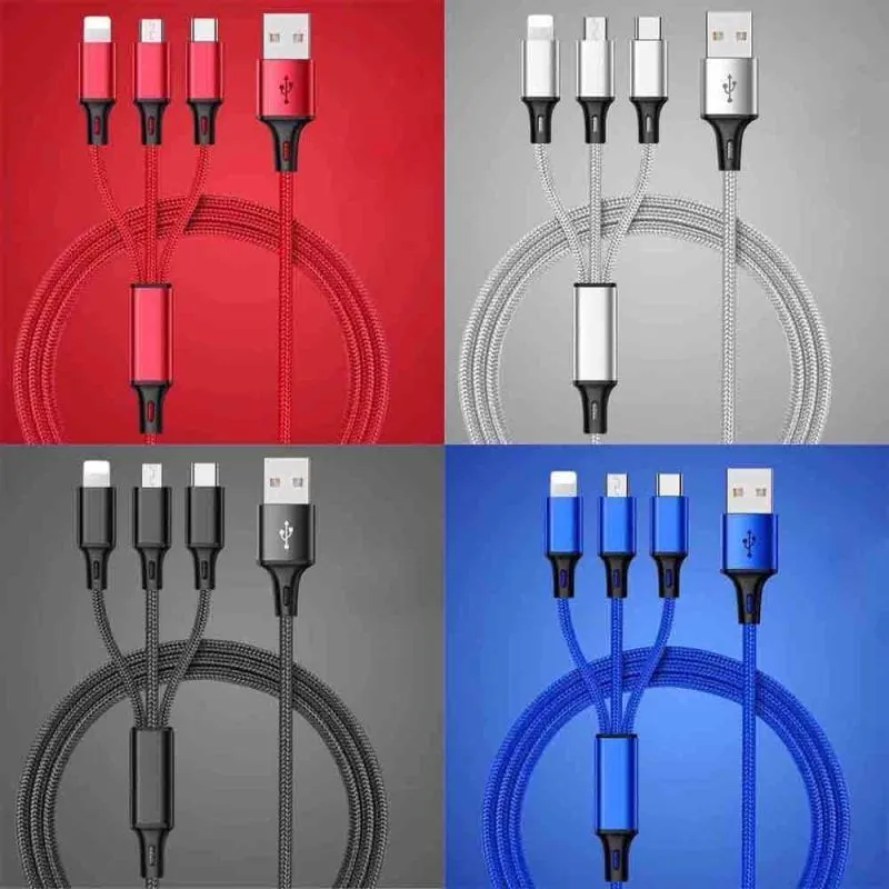 Braided 3-in-1 universal charging cable with red blue silver black colour options and 1.25 metre length