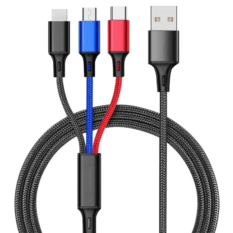 Braided 3-in-1 universal charging cable with red blue silver black colour options and 1.25 metre length