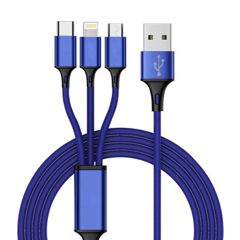 Braided 3-in-1 universal charging cable with red blue silver black colour options and 1.25 metre length