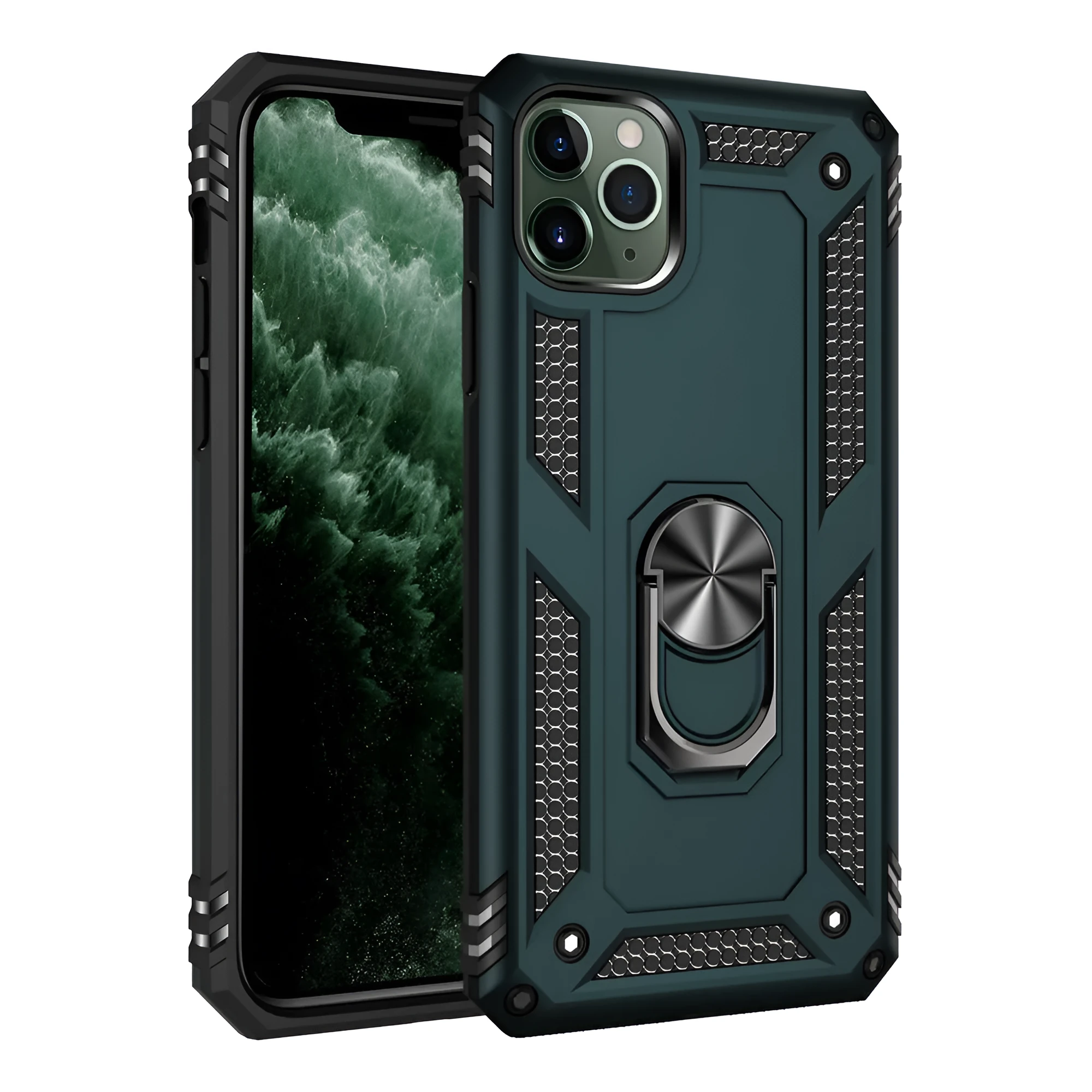 Dark green car phone holder case mounted, showing compatible iPhone models listed on packaging.