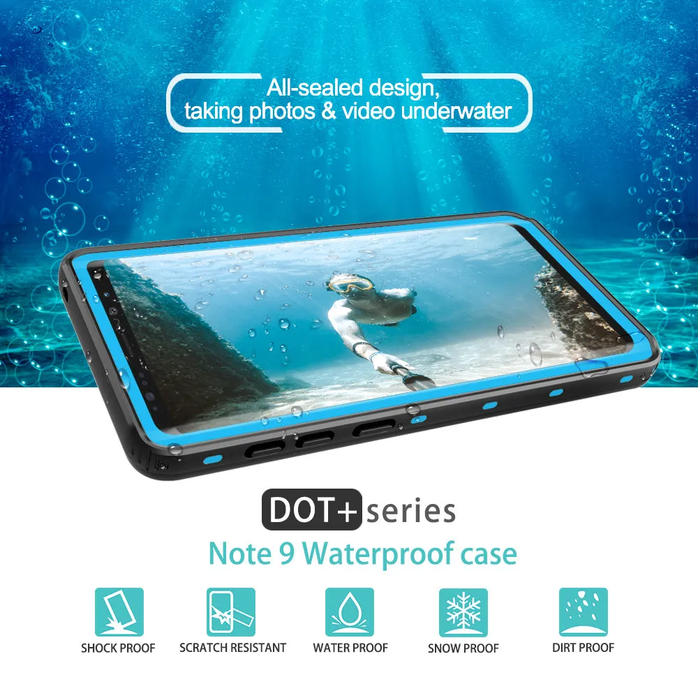 Samsung Galaxy waterproof shockproof phone case with transparent tempered glass back showing IP68 protection in sporty design