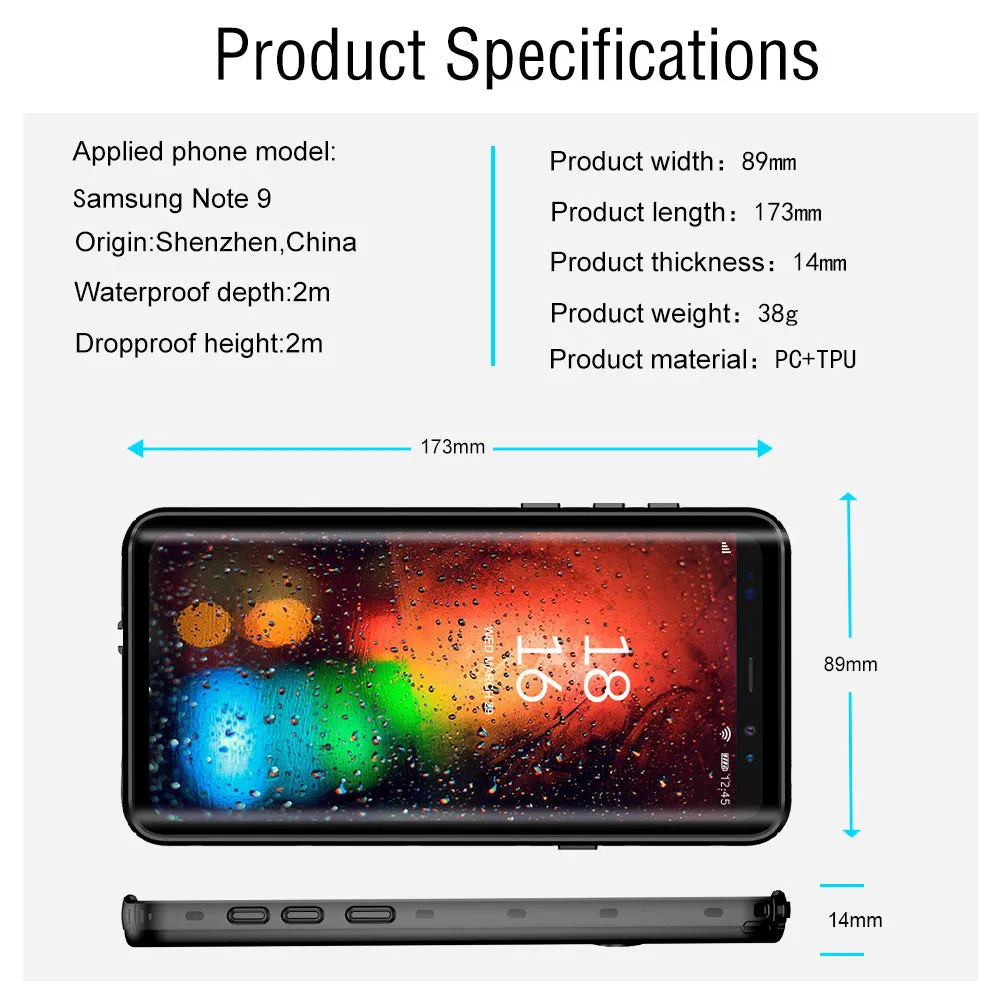 Samsung Galaxy waterproof shockproof phone case with transparent tempered glass back showing IP68 protection in sporty design