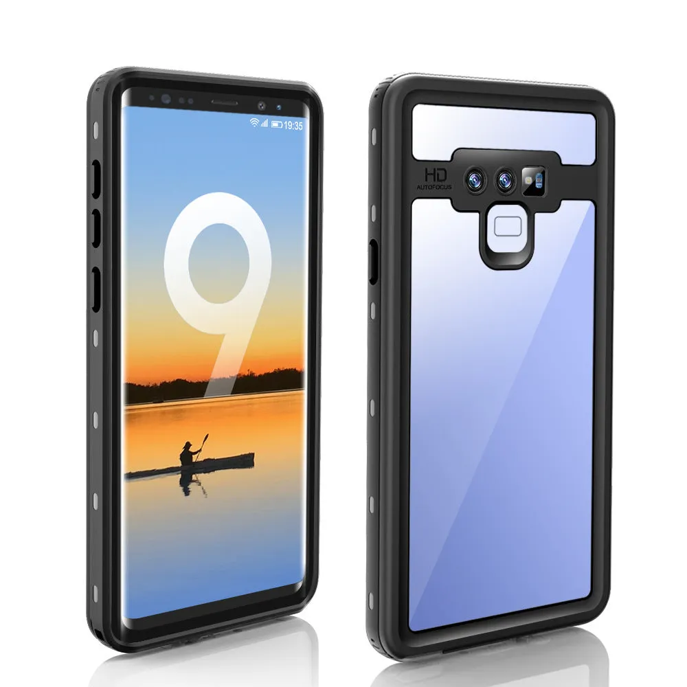 Samsung Galaxy waterproof shockproof phone case with transparent tempered glass back showing IP68 protection in sporty design