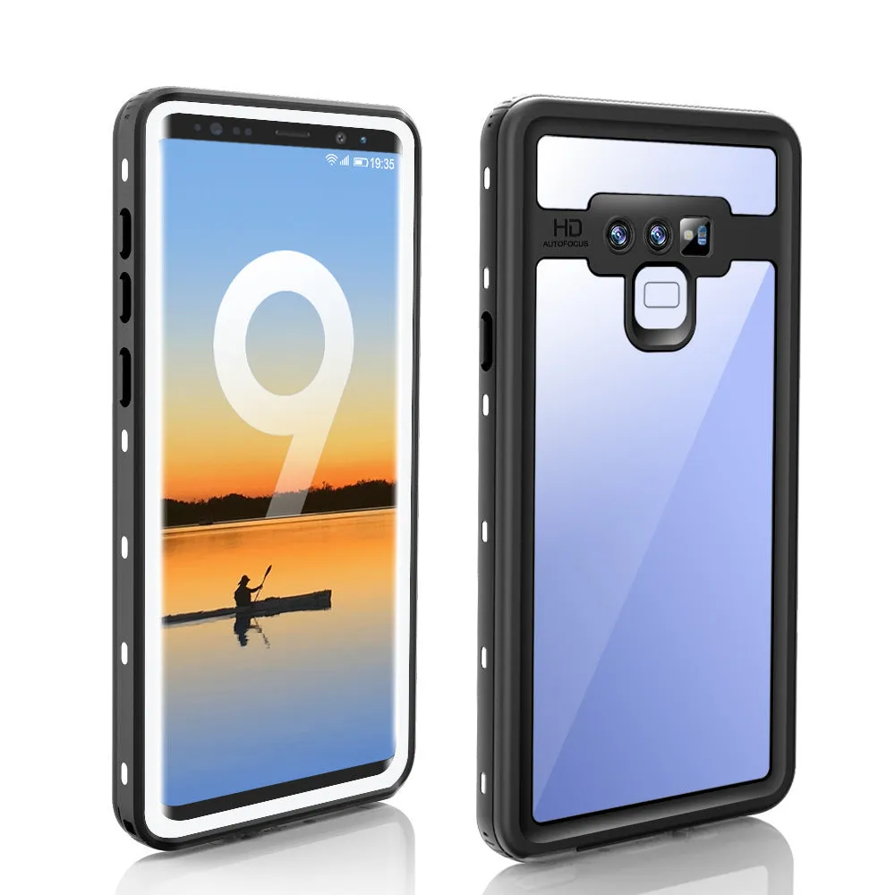 Samsung Galaxy waterproof shockproof phone case with transparent tempered glass back showing IP68 protection in sporty design