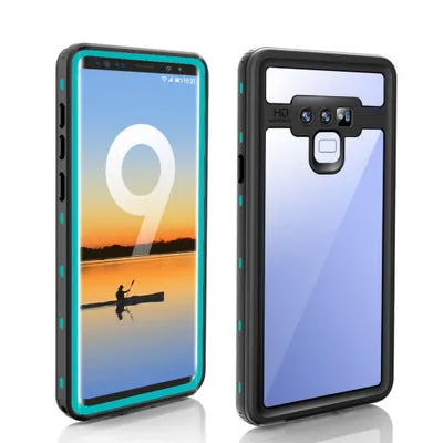 Samsung Galaxy waterproof shockproof phone case with transparent tempered glass back showing IP68 protection in sporty design