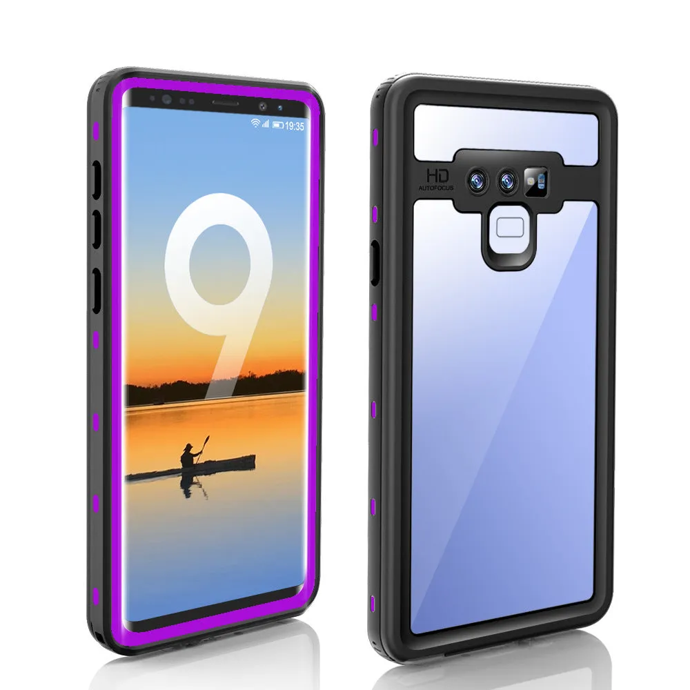 Samsung Galaxy waterproof shockproof phone case with transparent tempered glass back showing IP68 protection in sporty design