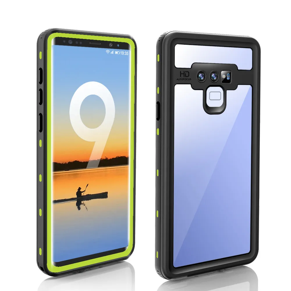 Samsung Galaxy waterproof shockproof phone case with transparent tempered glass back showing IP68 protection in sporty design