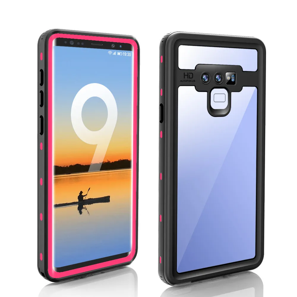 Samsung Galaxy waterproof shockproof phone case with transparent tempered glass back showing IP68 protection in sporty design