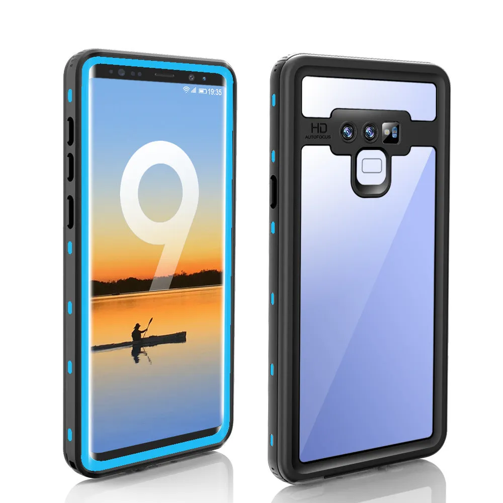 Samsung Galaxy waterproof shockproof phone case with transparent tempered glass back showing IP68 protection in sporty design