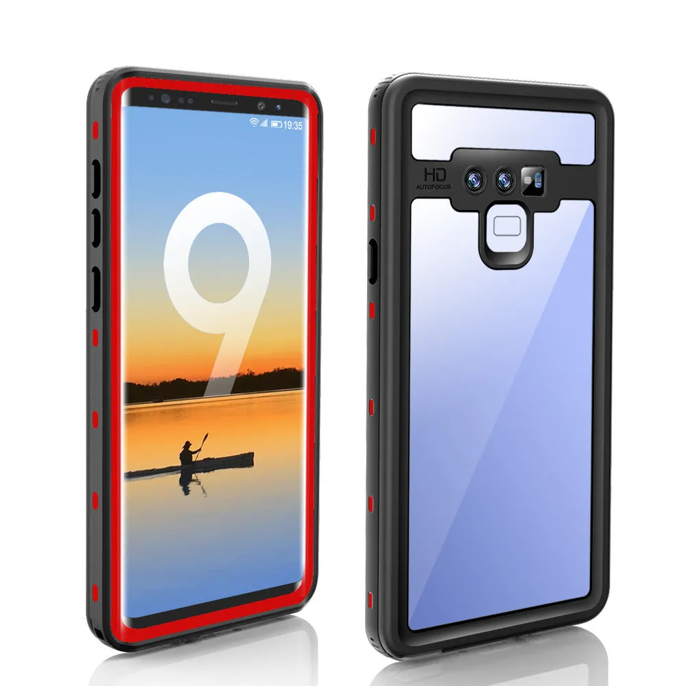 Samsung Galaxy waterproof shockproof phone case with transparent tempered glass back showing IP68 protection in sporty design