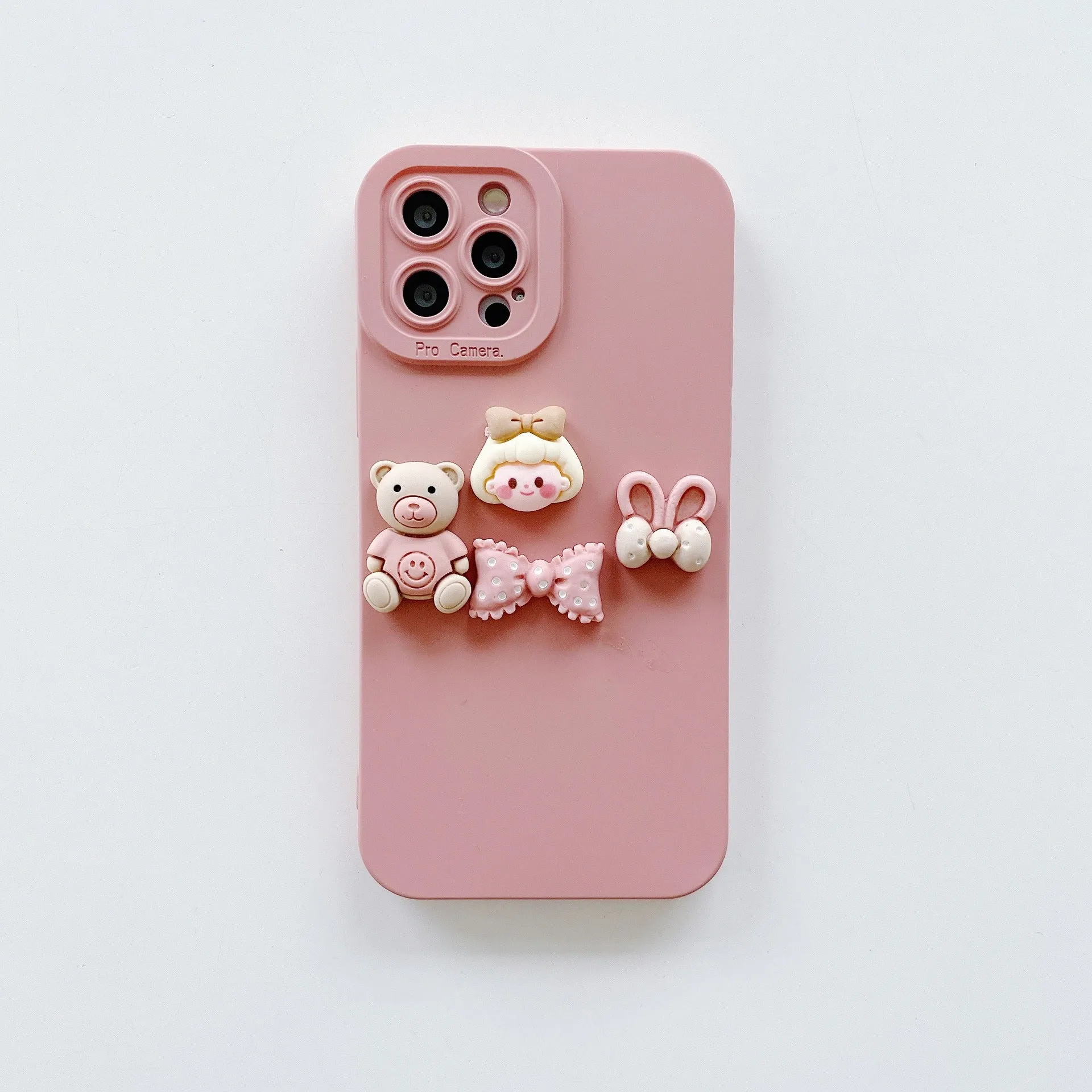 Women's decorative iPhone case with a raised three-dimensional doll bear design on a TPU protective cover.