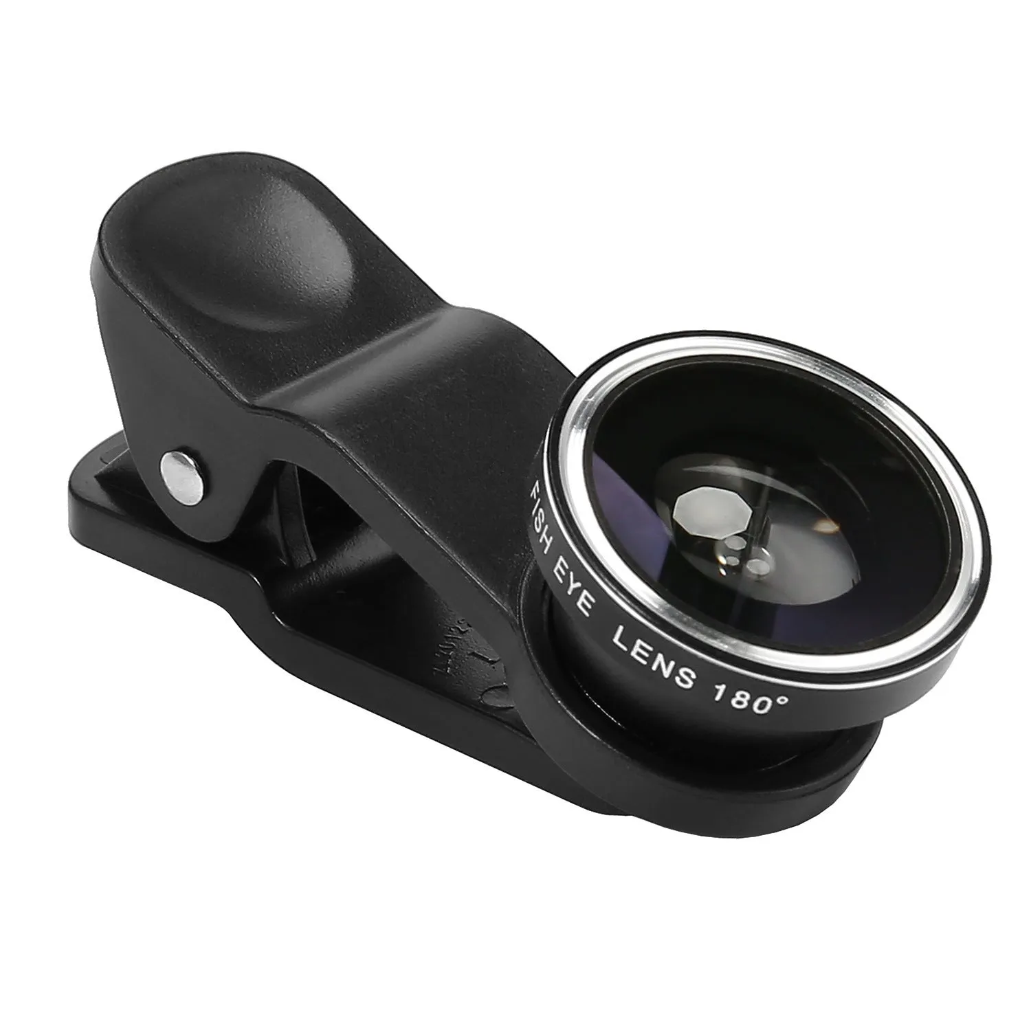 Smartphone camera lens clip kit showing four detachable lenses: wide angle, macro, fisheye and telephoto.