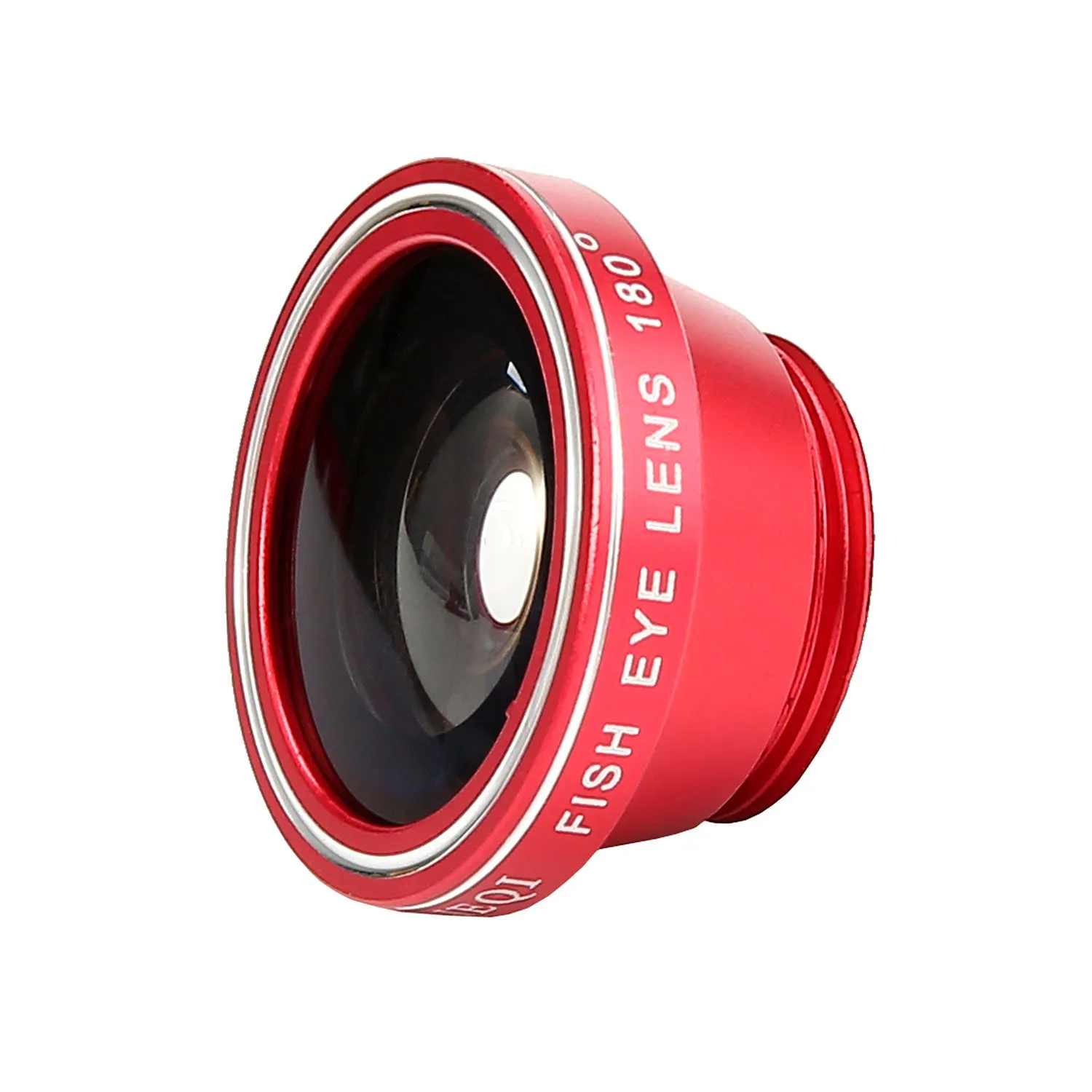 Smartphone camera lens clip kit showing four detachable lenses: wide angle, macro, fisheye and telephoto.