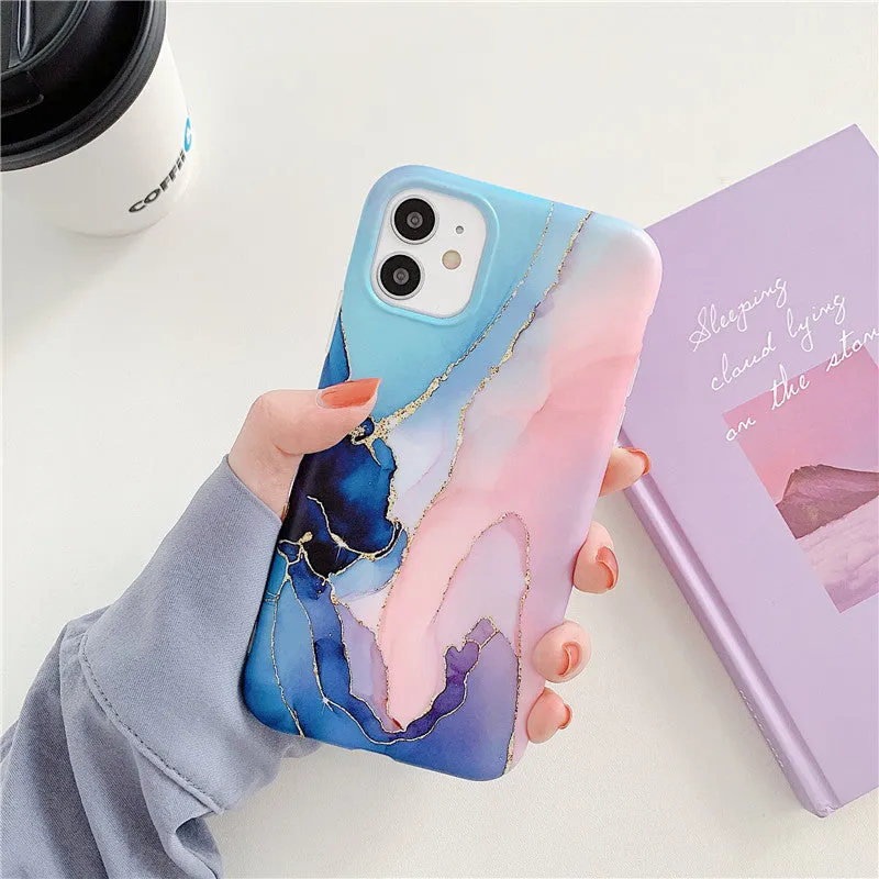 Marble pattern iPhone case with cartoon elements in multiple colour options for 11, 12, X, 7/8 models