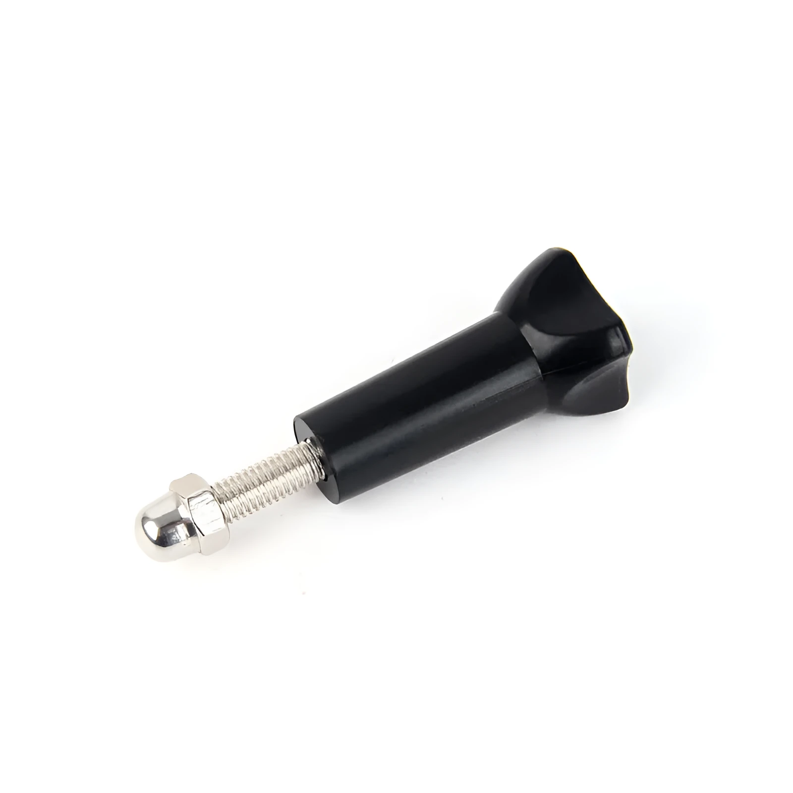 GoPro camera adapter set showing plastic-handled screw, head screw adapter, and selfie stick connector on a grey background.