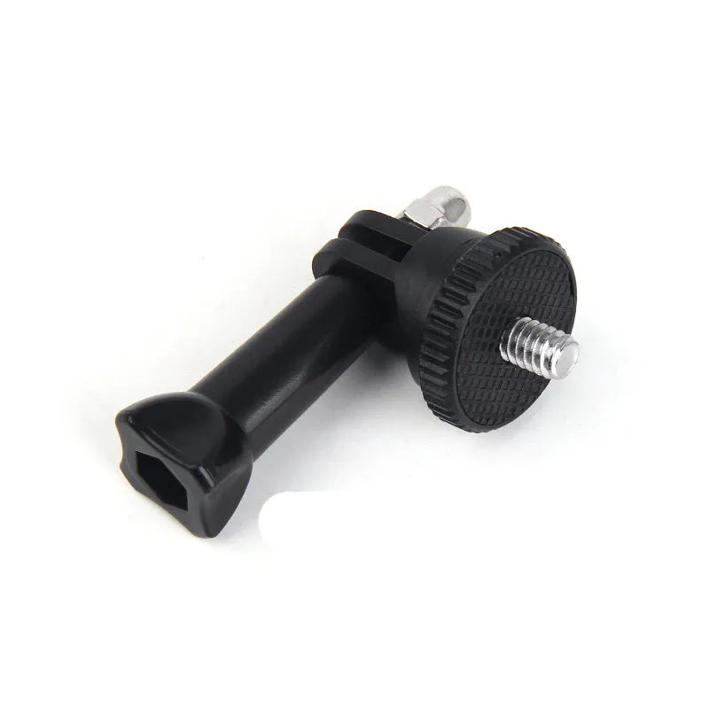 GoPro camera adapter set showing plastic-handled screw, head screw adapter, and selfie stick connector on a grey background.