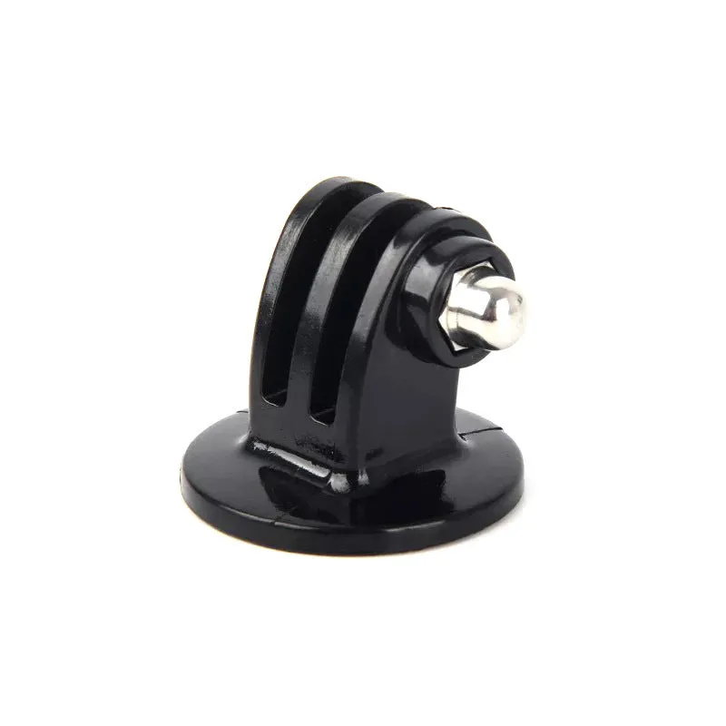 GoPro camera adapter set showing plastic-handled screw, head screw adapter, and selfie stick connector on a grey background.