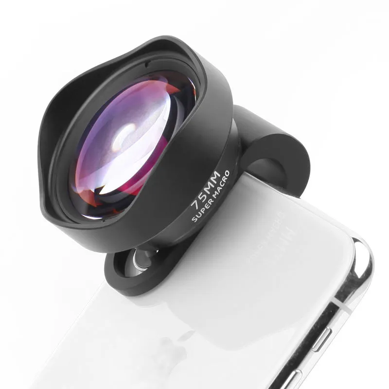Universal mobile phone macro lens with protective cover and storage bag for close-up smartphone photography.